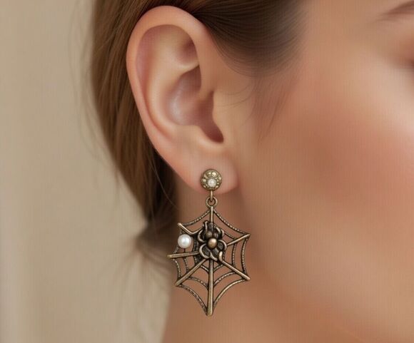 No Brand Jewelry - Dangle Spider Web and Flow Gothic Spider Earrings by Avon Rhinestone Gold Tone